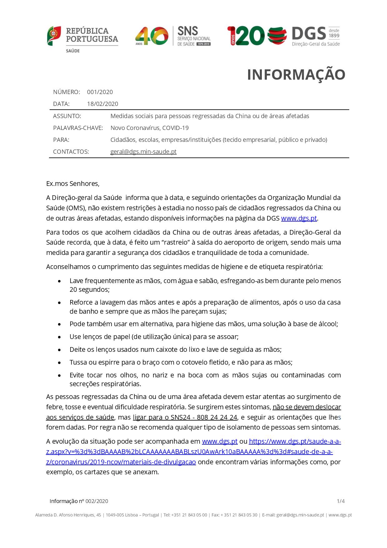 Informação da Direção geral da Saúde Novo Coronavírus COVID 19 page 001