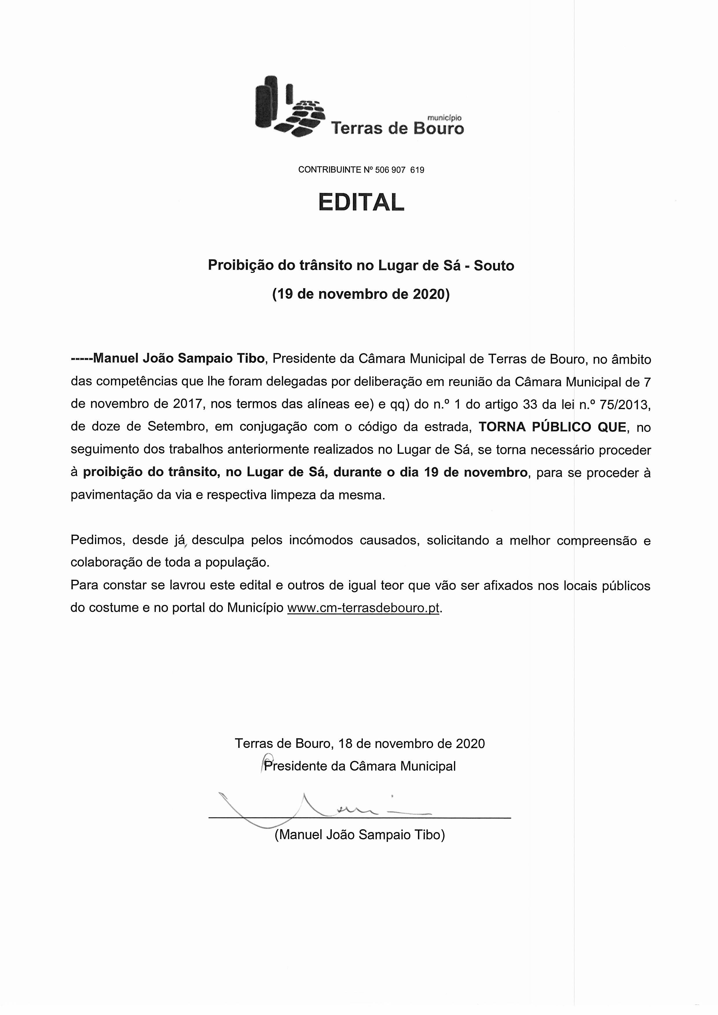 EDITAL Proibição de trânsito no Lugar de Sá Souto